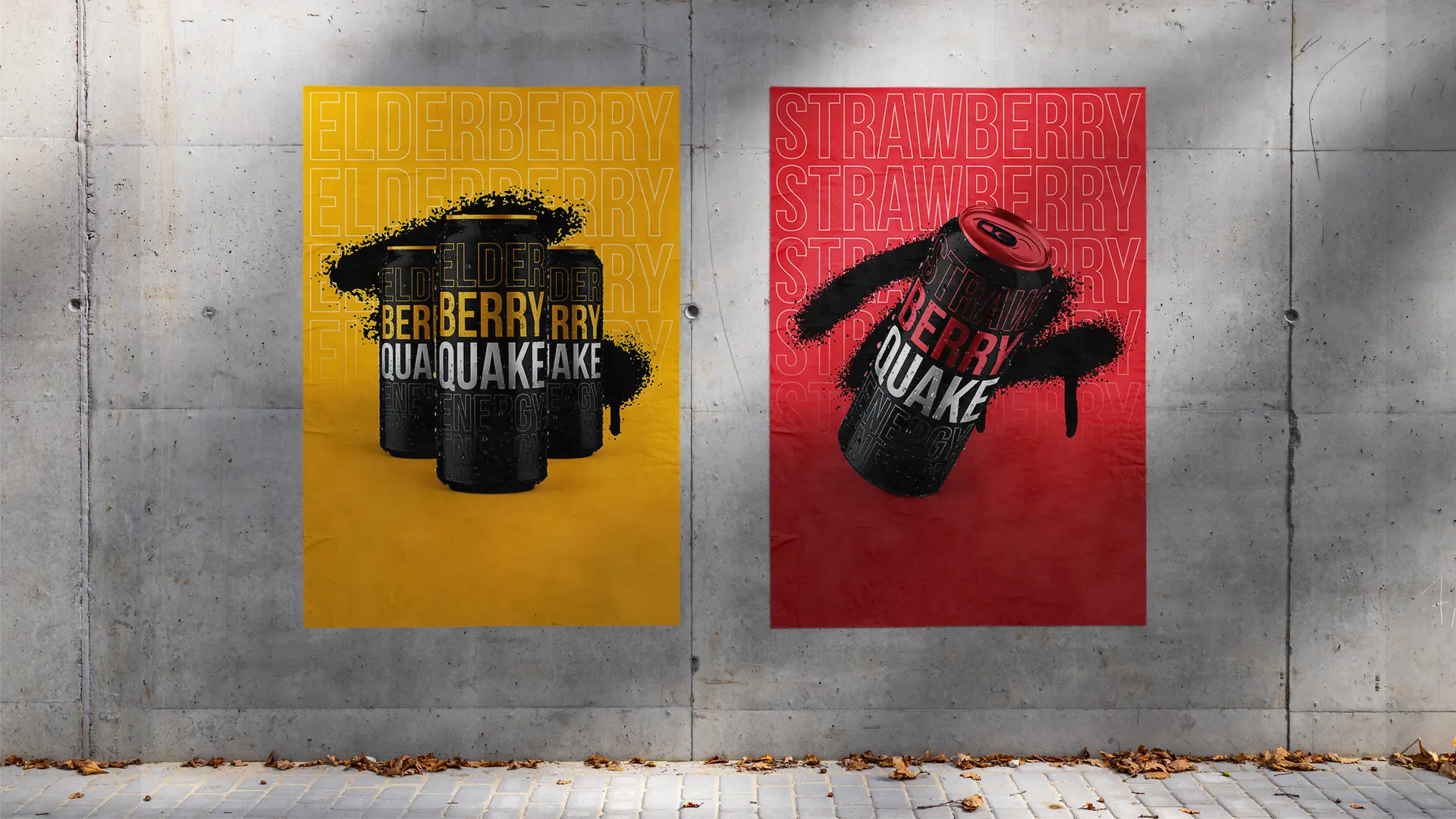 Poster mockup: two posters pasted on a concrete wall: a yellow Elderberry Quake poster with three cans and black spray paint, and a red Strawberry Quake poster with one tilted can and black spray paint. Both have the flavor name repeated in outlined letters across the top.